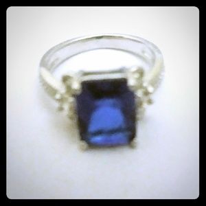 Silver plated sapphire blue CZ ring size 5